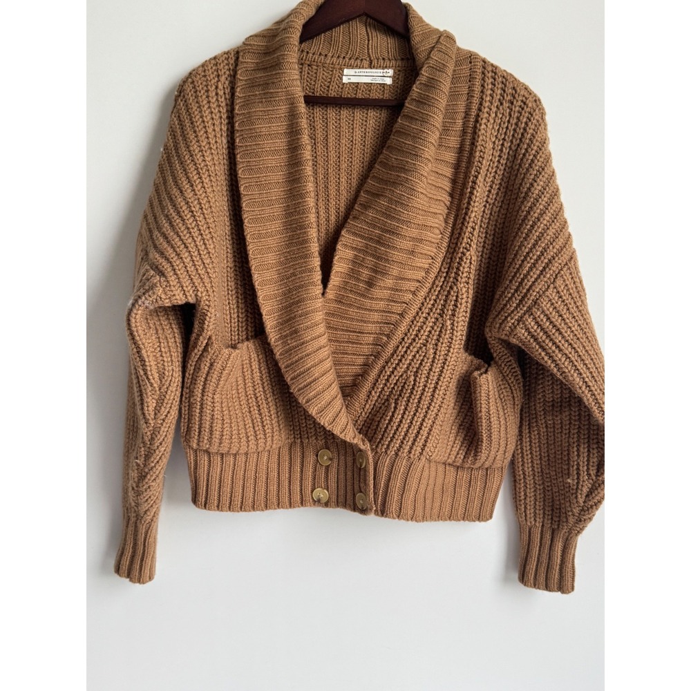 Anthropologie Camel Brown Wool Blend Chunky Knit Shawl Collar Cardigan XS Boho